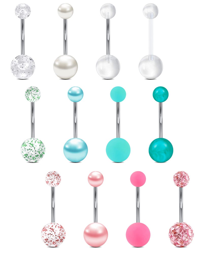 vcmart 14g 14mm Surgical Steel Rings Silver Pink Green Belly Rings for Women Navel Rings Long Bar Belly Button Piercing Jewelry - Image 1
