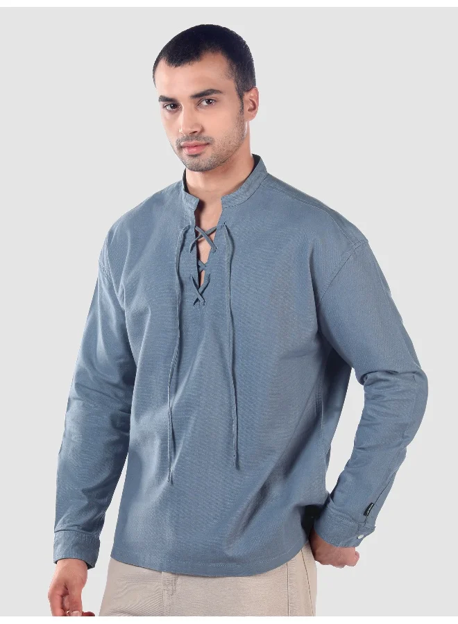 Beyoung Savoy Blue Oxford Kurta Shirt