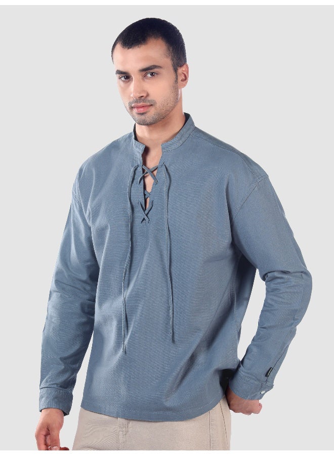 Beyoung Savoy Blue Oxford Kurta Shirt - Image 1