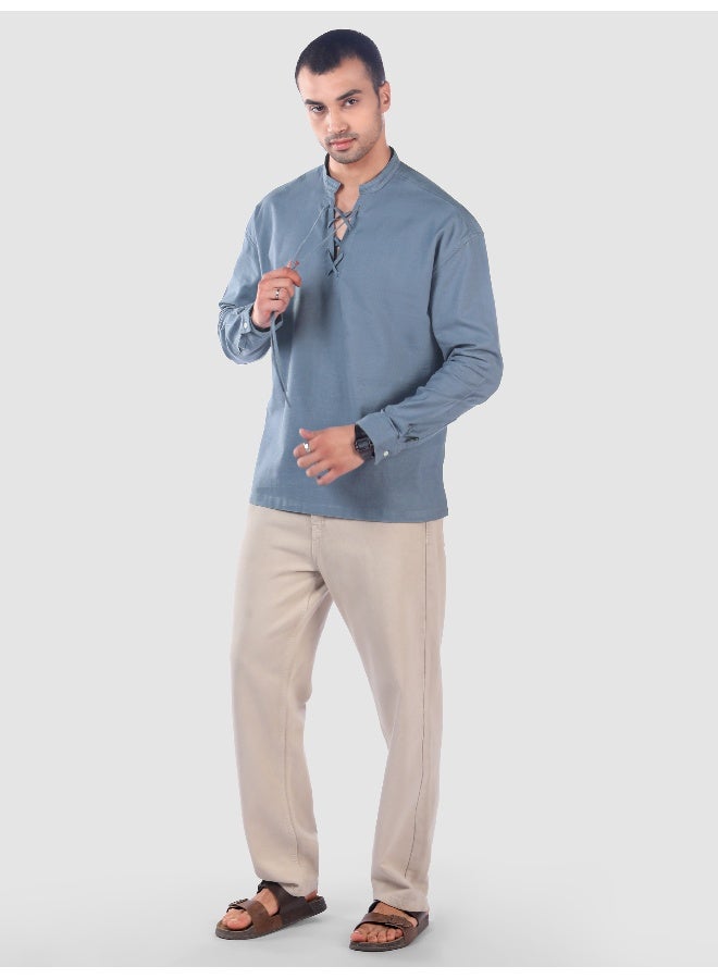 Beyoung Savoy Blue Oxford Kurta Shirt - Image 5