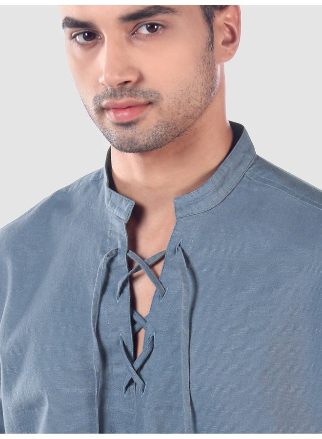 Beyoung Savoy Blue Oxford Kurta Shirt - Image 4