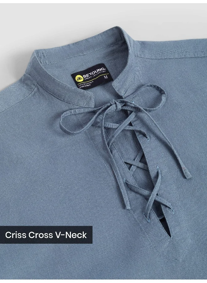 Beyoung Savoy Blue Oxford Kurta Shirt