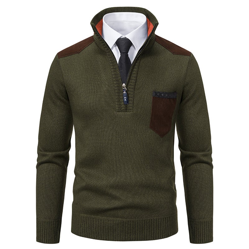 2024 cross-border autumn and winter new mens zipper collar pullover sweater mens casual color matching thick sweater mens 6605 Coffee  - Image 3
