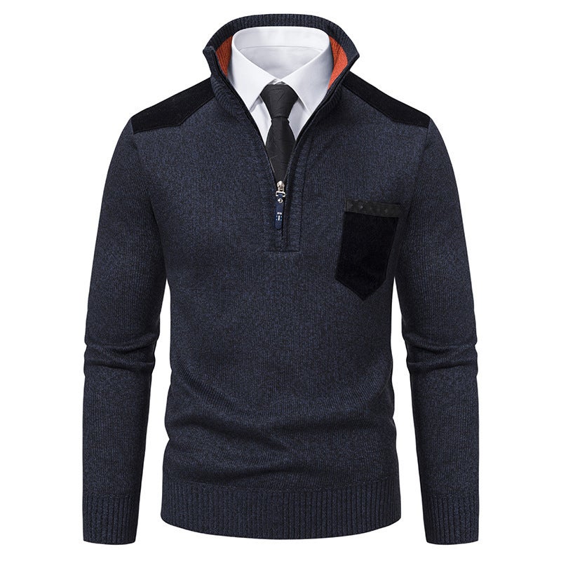 2024 cross-border autumn and winter new mens zipper collar pullover sweater mens casual color matching thick sweater mens 6605 Coffee  - Image 2