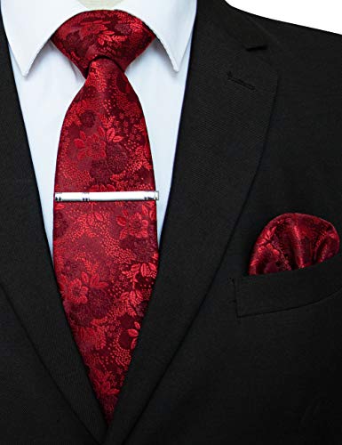 JEMYGINS Floral Red Necktie and Pocket Square Tie Clip Sets for Men (28) - Image 2