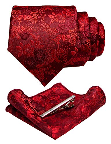 JEMYGINS Floral Red Necktie and Pocket Square Tie Clip Sets for Men (28) - Image 1
