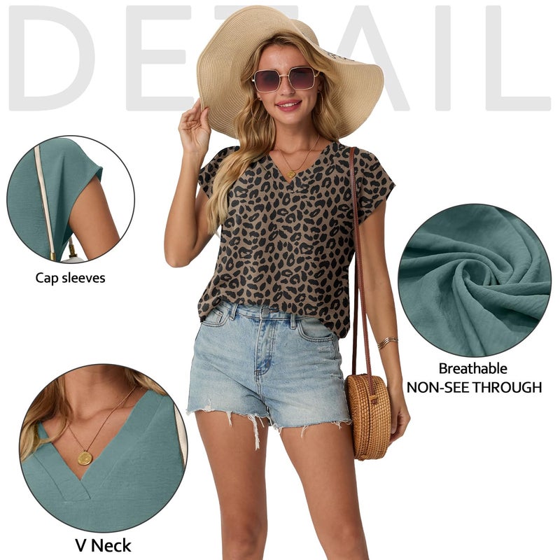 Lepunuo Women's V Neck Blouses Cap Sleeve Shirts Casual Loose Work Office Solid Tops - Image 3