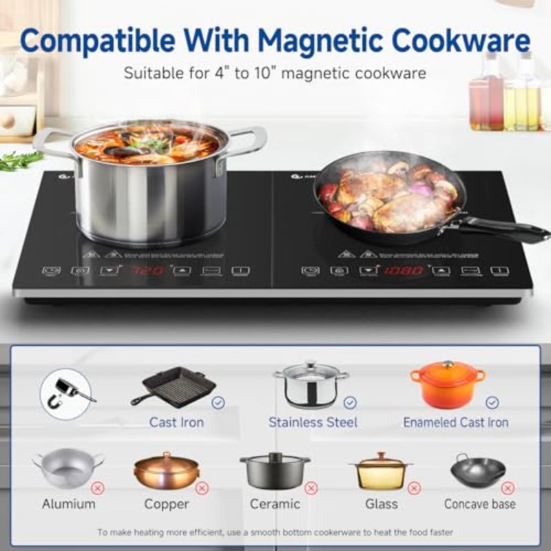 Double Induction Cooktop, Portable 2 Burner Induction Stove with 20 Temperature and Power Levels, Dual Burner Electric Stove Top with Timer and Safety Lock, Compatible with Magnetic Cookware - Image 3