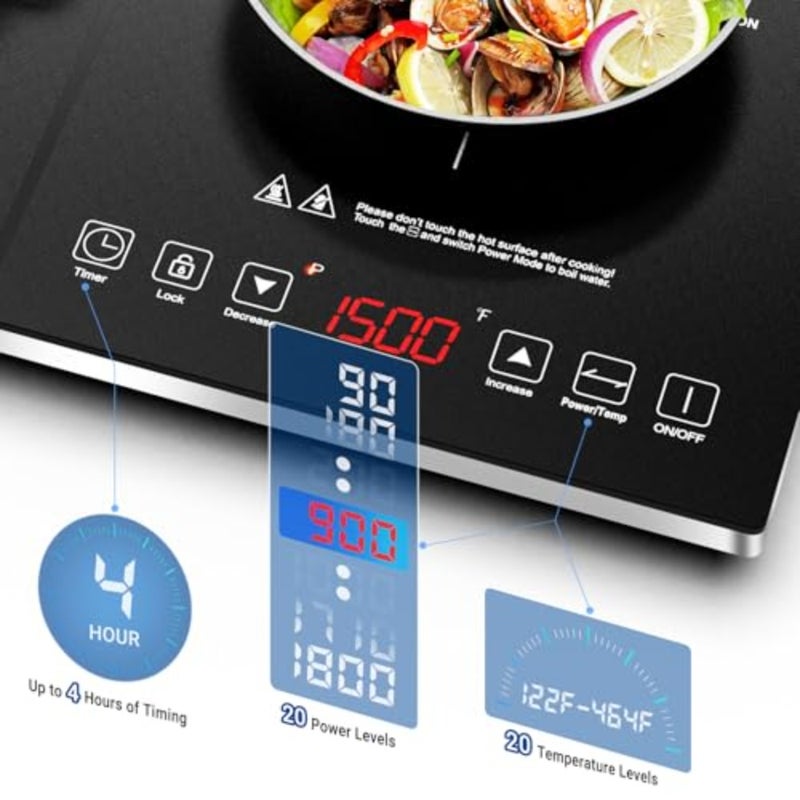 Double Induction Cooktop, Portable 2 Burner Induction Stove with 20 Temperature and Power Levels, Dual Burner Electric Stove Top with Timer and Safety Lock, Compatible with Magnetic Cookware - Image 2