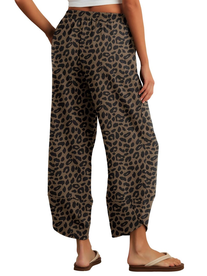 Feiersi Womens Baggy Wide Leg Pants Elastic Waisted Casual Palazzo Harem Pants Summer Beach Trousers(Leopard Dark Khaki,Small) - Image 5