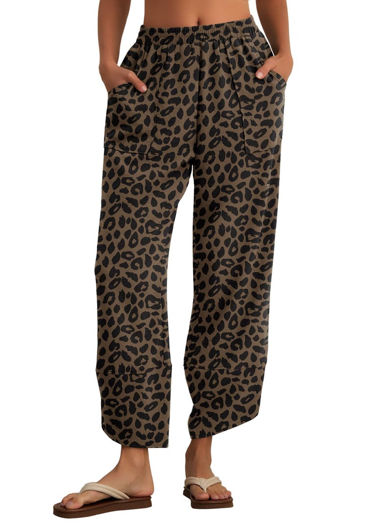 Feiersi Womens Baggy Wide Leg Pants Elastic Waisted Casual Palazzo Harem Pants Summer Beach Trousers(Leopard Dark Khaki,Small) - Image 2