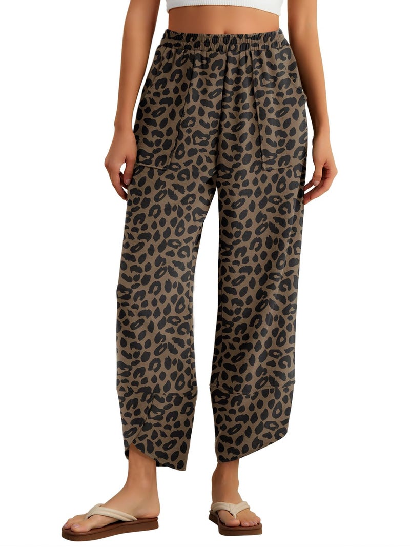 Feiersi Womens Baggy Wide Leg Pants Elastic Waisted Casual Palazzo Harem Pants Summer Beach Trousers(Leopard Dark Khaki,Small) - Image 1
