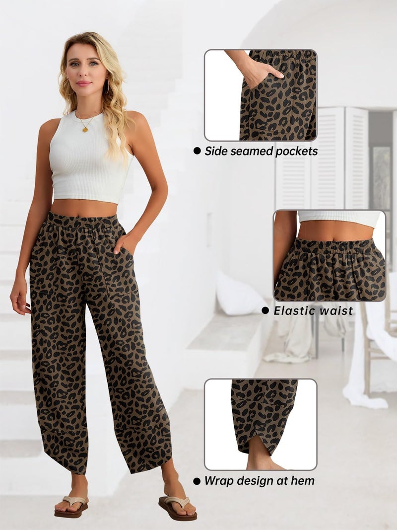 Feiersi Womens Baggy Wide Leg Pants Elastic Waisted Casual Palazzo Harem Pants Summer Beach Trousers(Leopard Dark Khaki,Small) - Image 4