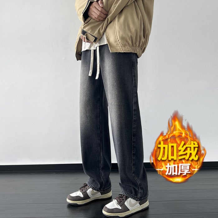 Winter Velvet Thickeneded American High Street Jeans For Boys And Teenagers Loose Straight Elastic Waist Warm Pants - Image 1