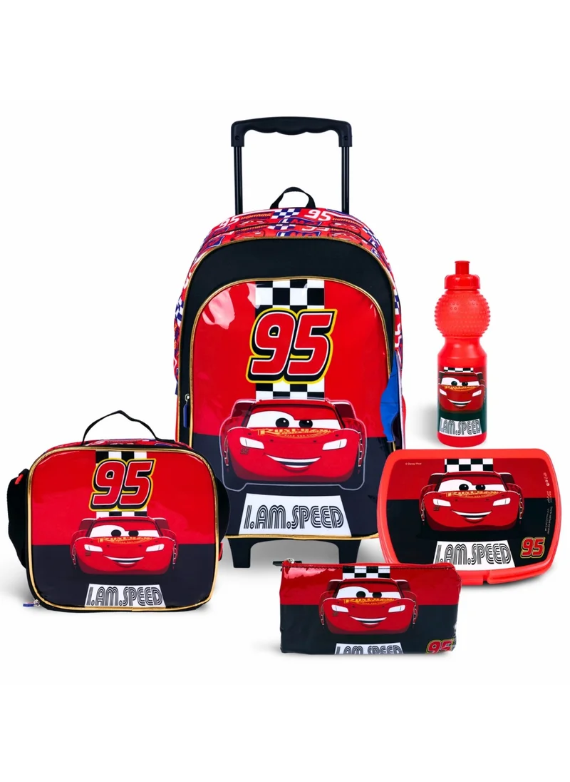 ديزني Cars 5-in-1 Trolley School Bag Set - Ergonomic Backpack, Water Bottle, Lunch Box, Insulated Bag & Pencil Case, Lightweight & Durable, for Boys 6+, Perfect for School & Travel