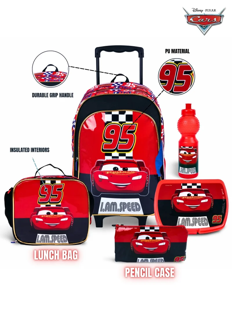 Disney Cars 5-in-1 Trolley School Bag Set - Ergonomic Backpack, Water Bottle, Lunch Box, Insulated Bag & Pencil Case, Lightweight & Durable, for Boys 6+, Perfect for School & Travel