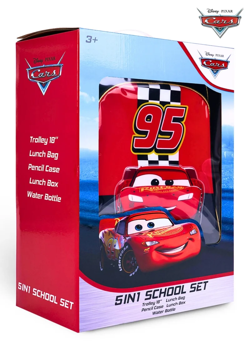 Disney Cars 5-in-1 Trolley School Bag Set - Ergonomic Backpack, Water Bottle, Lunch Box, Insulated Bag & Pencil Case, Lightweight & Durable, for Boys 6+, Perfect for School & Travel