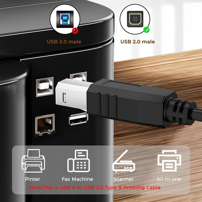 Demark USB Printer Cable, USB A to USB B Cable, USB 2.0 Type A Male to B Male Scanner Cord for HP, Dell, Epson, Xerox, Lexmark, Brother, Canon, Samsung, Piano (1.8m) - Image 3