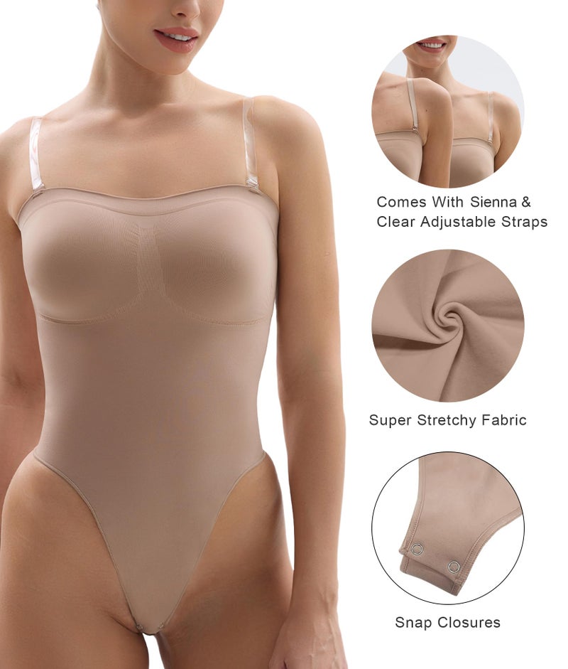 SHAPERX Strapless Bodysuit for Women Tummy Control Seamless Shapewear Thong Body Shaper with Invisible & Removable Straps,SZ5216-Sienna-S/M - Image 4
