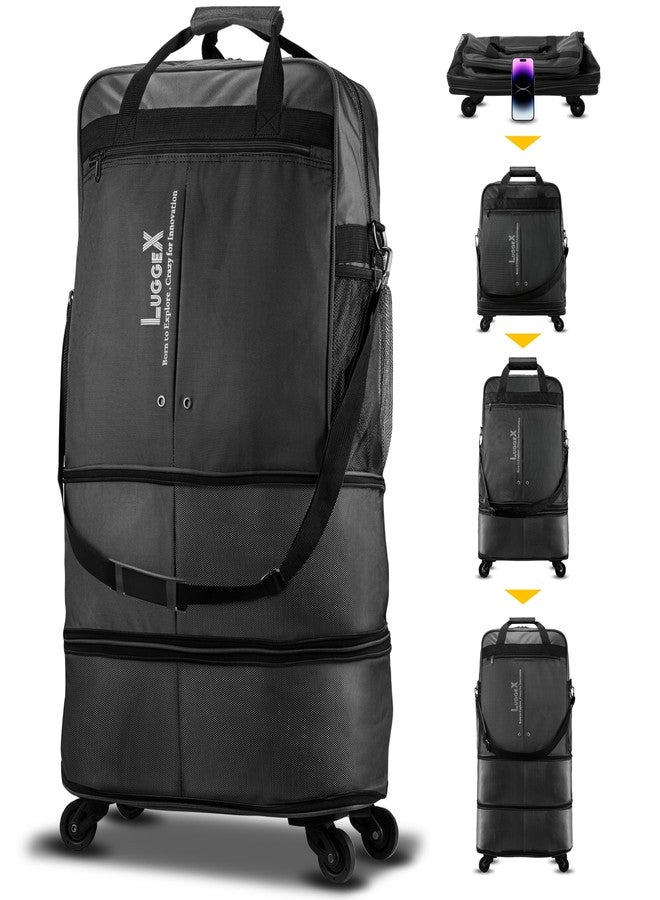 LUGGEX Expandable Underseat Carry On Luggage Bag with Wheels, Small Collapsible Luggage Suitcase without Telescopic Handle, Lightweight Rolling Travel Duffle Bag, Black, Large, Luggex Expandable - Image 1