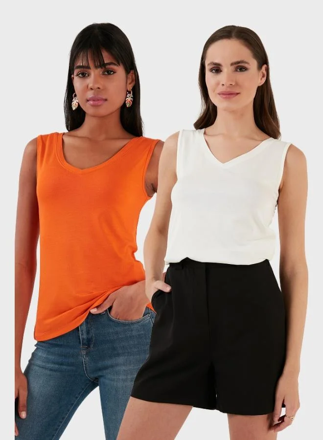 Lela Lela Slim Fit V Neck Thick Strap 2-Pack Blouse Women's BLOUSE 5864384S2