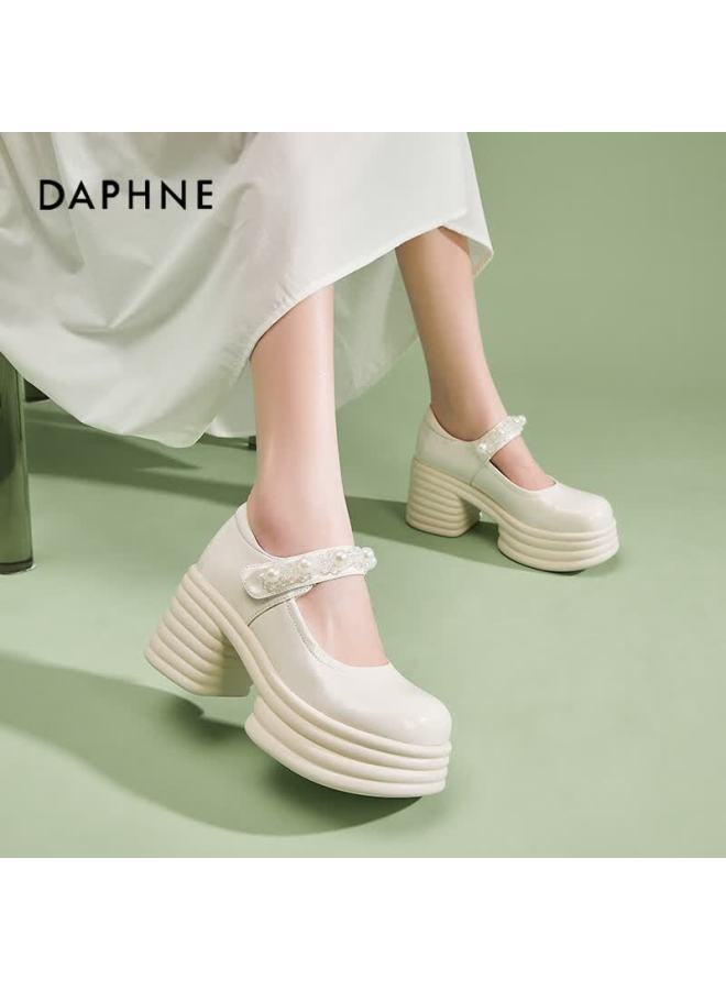 Daphne Ultra High Heel Mary Jane Shoes For Women, Chunky Heel Heightening Pumps, British Style, Perfect With Dresses, Versatile Leather Shoes For Women, Beige, Size 40 - Image 2