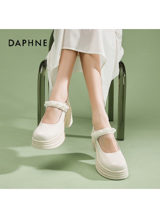 Daphne Ultra High Heel Mary Jane Shoes For Women, Chunky Heel Heightening Pumps, British Style, Perfect With Dresses, Versatile Leather Shoes For Women, Beige, Size 40 - Image 3