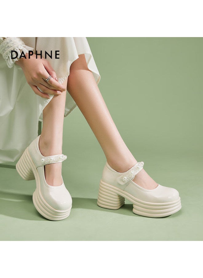 Daphne Ultra High Heel Mary Jane Shoes For Women, Chunky Heel Heightening Pumps, British Style, Perfect With Dresses, Versatile Leather Shoes For Women, Beige, Size 40 - Image 1