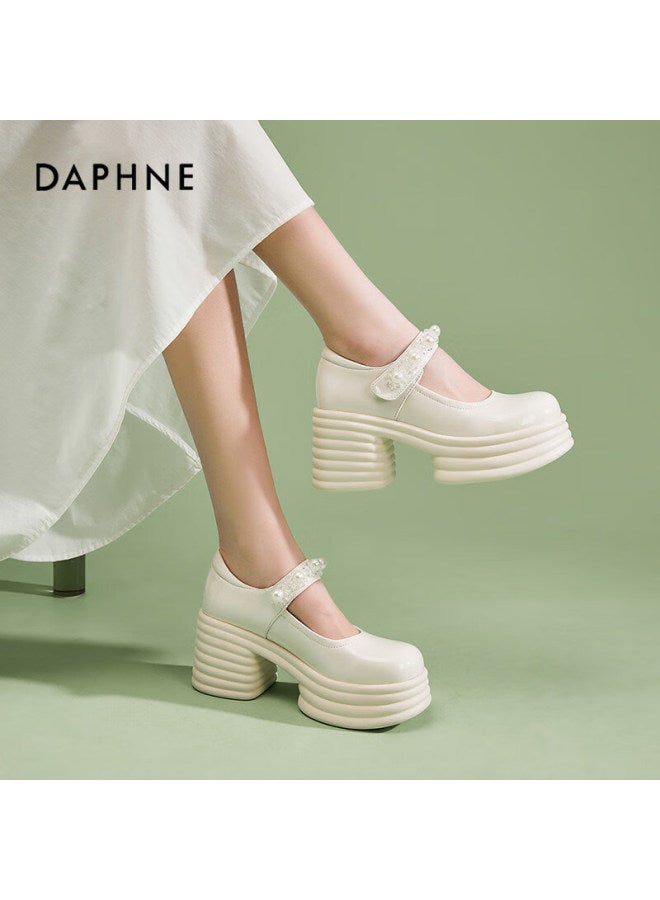 Daphne Ultra High Heel Mary Jane Shoes For Women, Chunky Heel Heightening Pumps, British Style, Perfect With Dresses, Versatile Leather Shoes For Women, Beige, Size 40 - Image 4