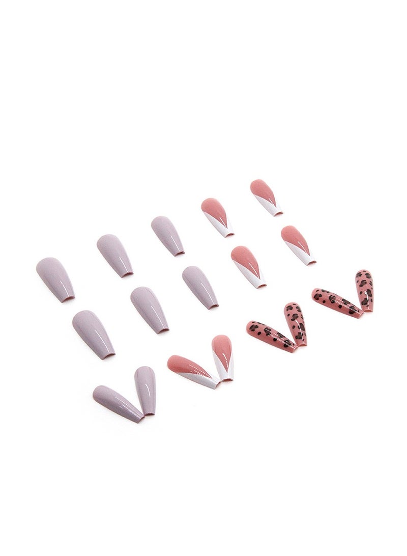 24PCS Almond Press on Nails, Pink Leopard Print Nails, Glossy Nude & Glitter Stick-on Nails with Gel Glue, Nail File, Cleaning Pad, Wooden Stick, Easy to Apply & Long-Lasting - Image 2