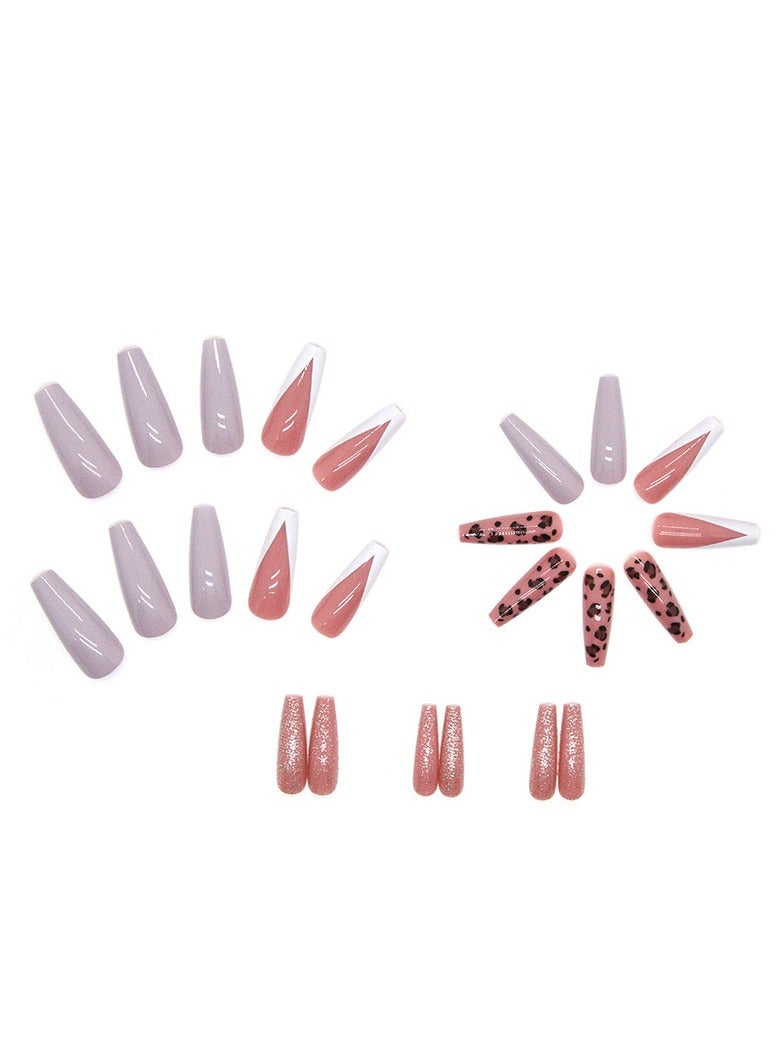 24PCS Almond Press on Nails, Pink Leopard Print Nails, Glossy Nude & Glitter Stick-on Nails with Gel Glue, Nail File, Cleaning Pad, Wooden Stick, Easy to Apply & Long-Lasting - Image 3