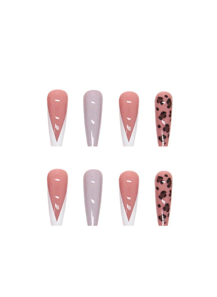 24PCS Almond Press on Nails, Pink Leopard Print Nails, Glossy Nude & Glitter Stick-on Nails with Gel Glue, Nail File, Cleaning Pad, Wooden Stick, Easy to Apply & Long-Lasting - Image 4