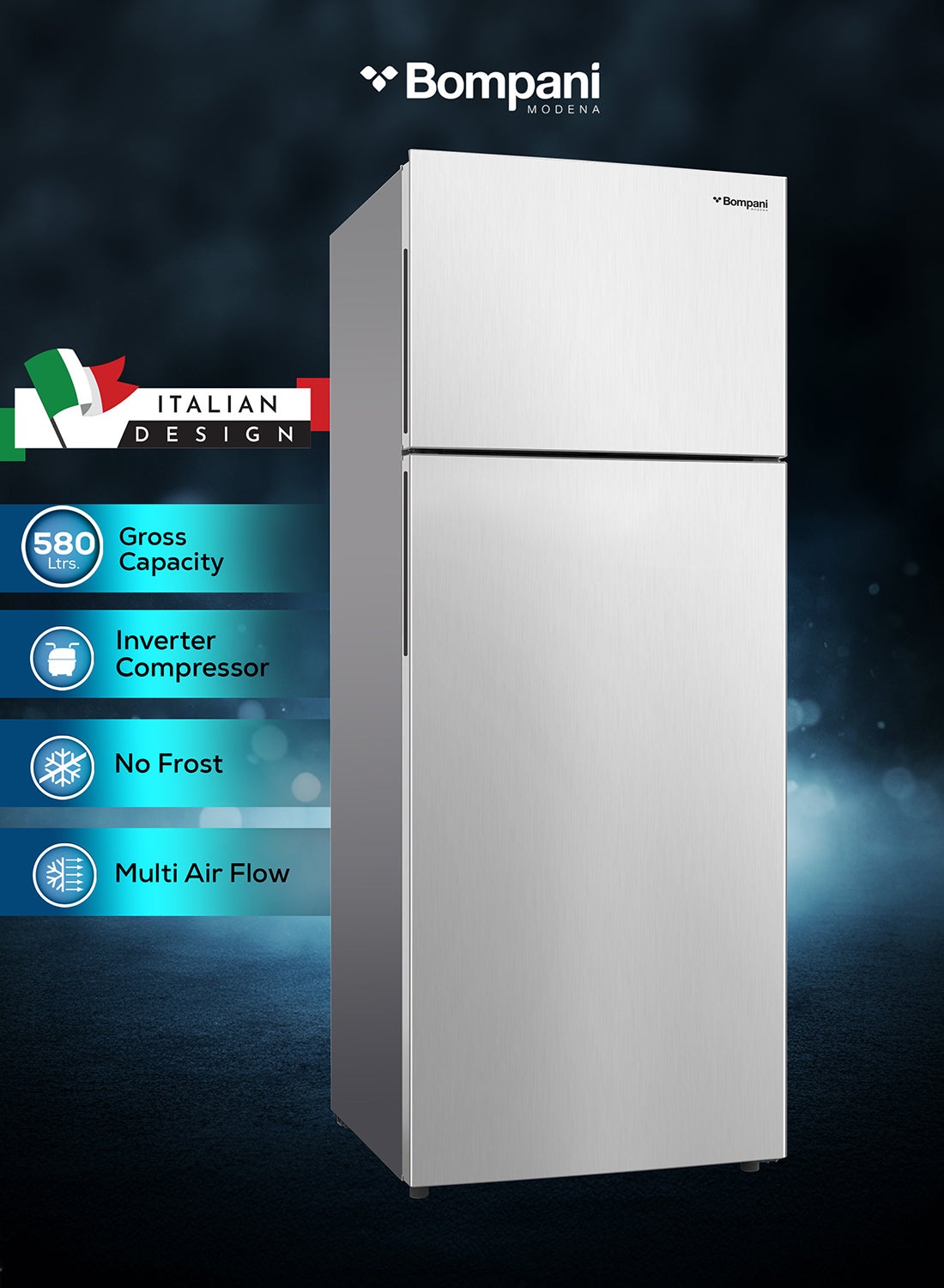 580L Gross Capacity 466L Net Capacity Double Door NoFrost Refrigerator with LED Interior Light, Electronic Control, R600a Refrigerant, Multi-Air Flow, and Twist Ice Maker – Efficient Cooling for Modern Homes - 580 L 485.45 kW BR580SSN Silver