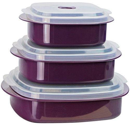 Reston Lloyd Calypso Basics Microwave Cookware  Storage Set Adjustable Vent on Lids small Plum