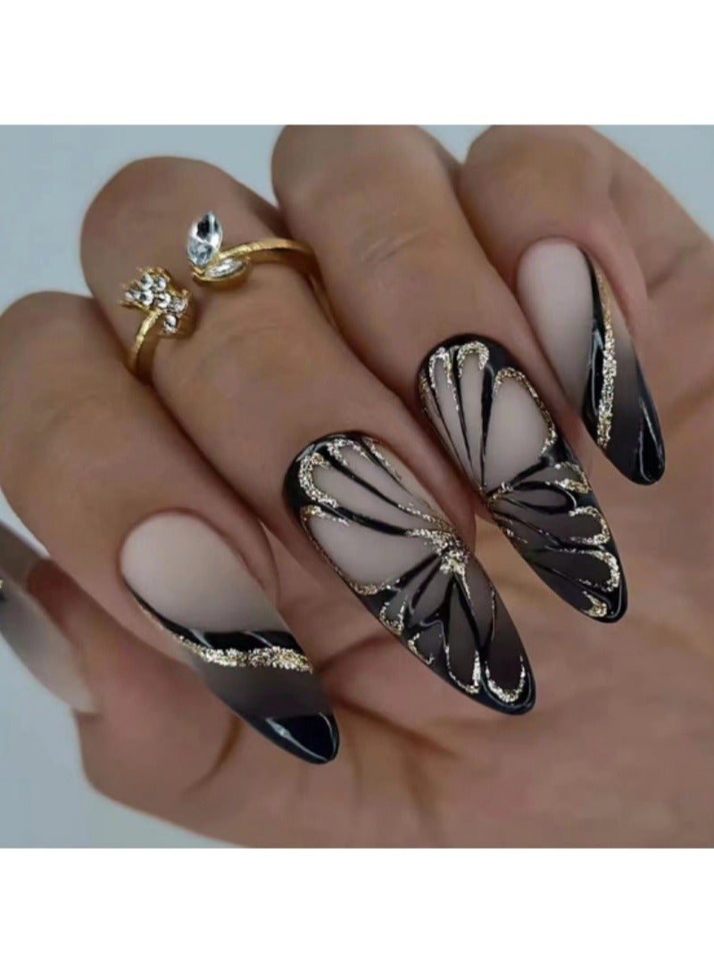 SCHAVO Gold Glitter Butterfly 24Pcs Almond Fake Nails - Image 1