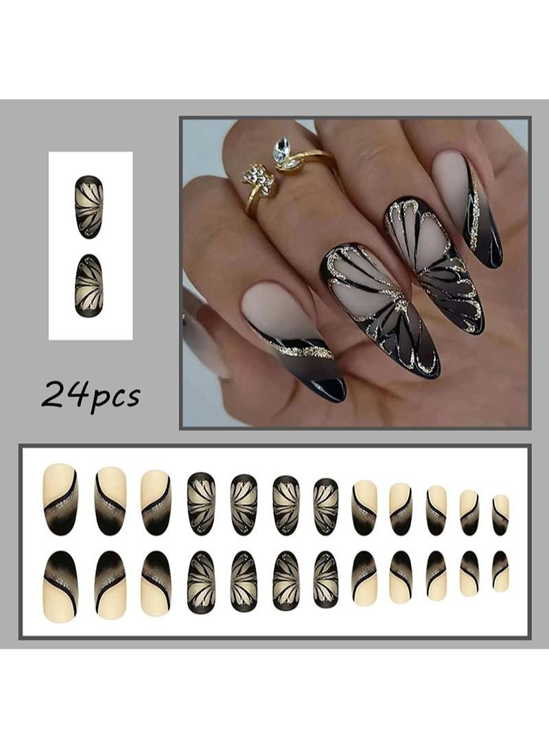 SCHAVO Gold Glitter Butterfly 24Pcs Almond Fake Nails - Image 2