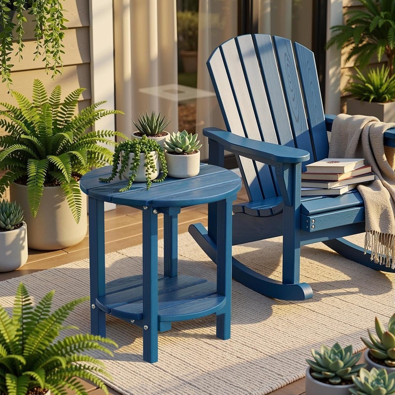 LOENIY 2 -Tier Outdoor Side Table HDPE Adirondack Table Patio Side Table with Wood-Like Grain Weather Resistant End Table Small Outdoor Table (Round, Navy Blue) - Image 2