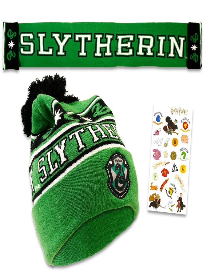 هاري بوتر طقم قبعة ووشاح سليذرين من هاري بوتر للأطفال - مجموعة منزل هوجورتس مع قبعة ووشاح سليذرين بالإضافة إلى ملصقات | ملابس هاري بوتر الشتوية - Image 1