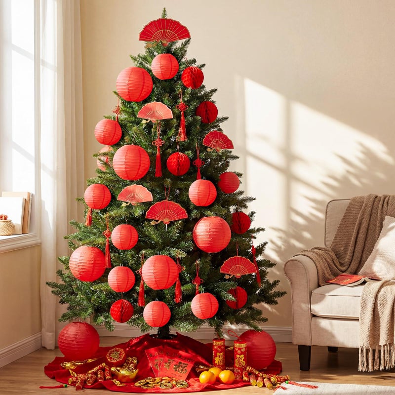 Baquler 35 Pcs Chinese New Year Decorations 2026 Hanging Ornaments Year of The Horse Chinese Red Paper Lanterns Paper Fans Lucky Charm Tree Decor for Spring Festival Party Lunar New Years Decoration - Image 1