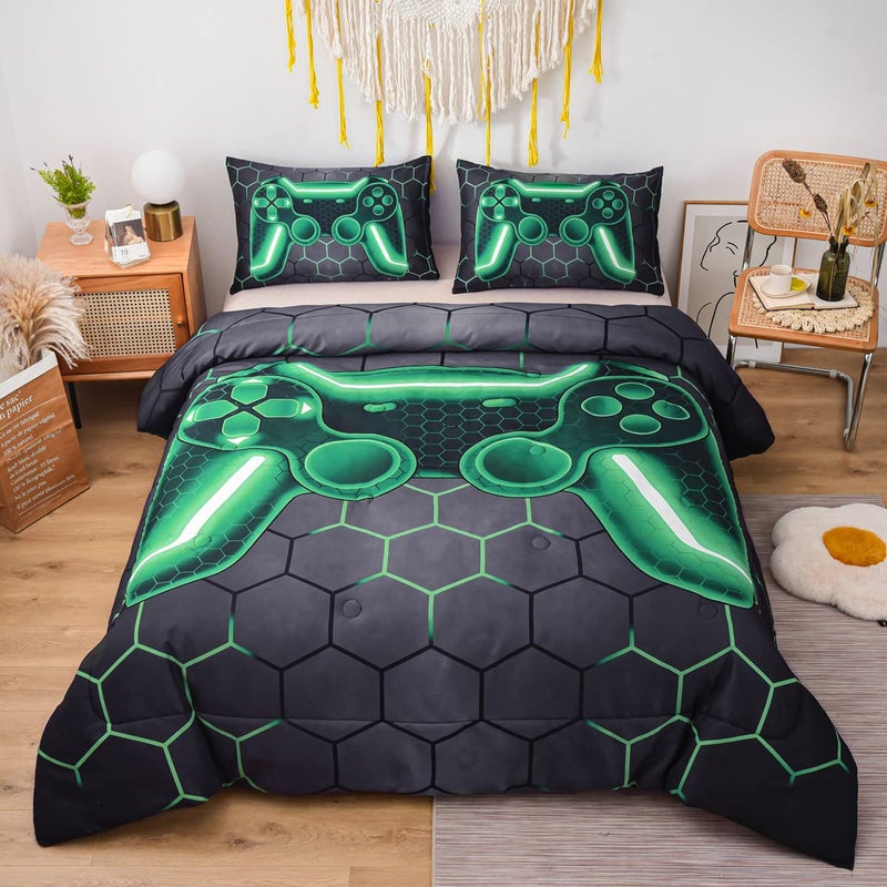 NTBED Game Console Comforter Set for Boys Girls Kids Geometric Lightweight Microfiber Bedding Sets Green Queen