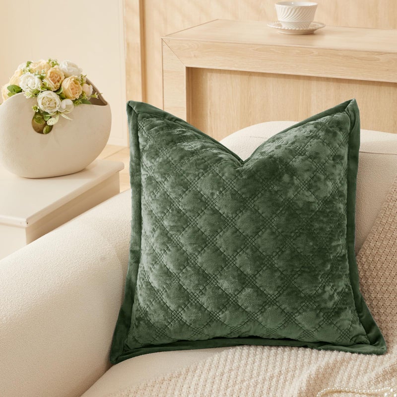 COCOPLOCEUS 1 Piece 18X18 Pillow Cover Green Velvet Quilted Pillow Cover Farmhouse Square Cushion Cover Soft Decorative Texture Pillow Cover for Couch Sofa Bed Bedroom Car Living Room - Image 1