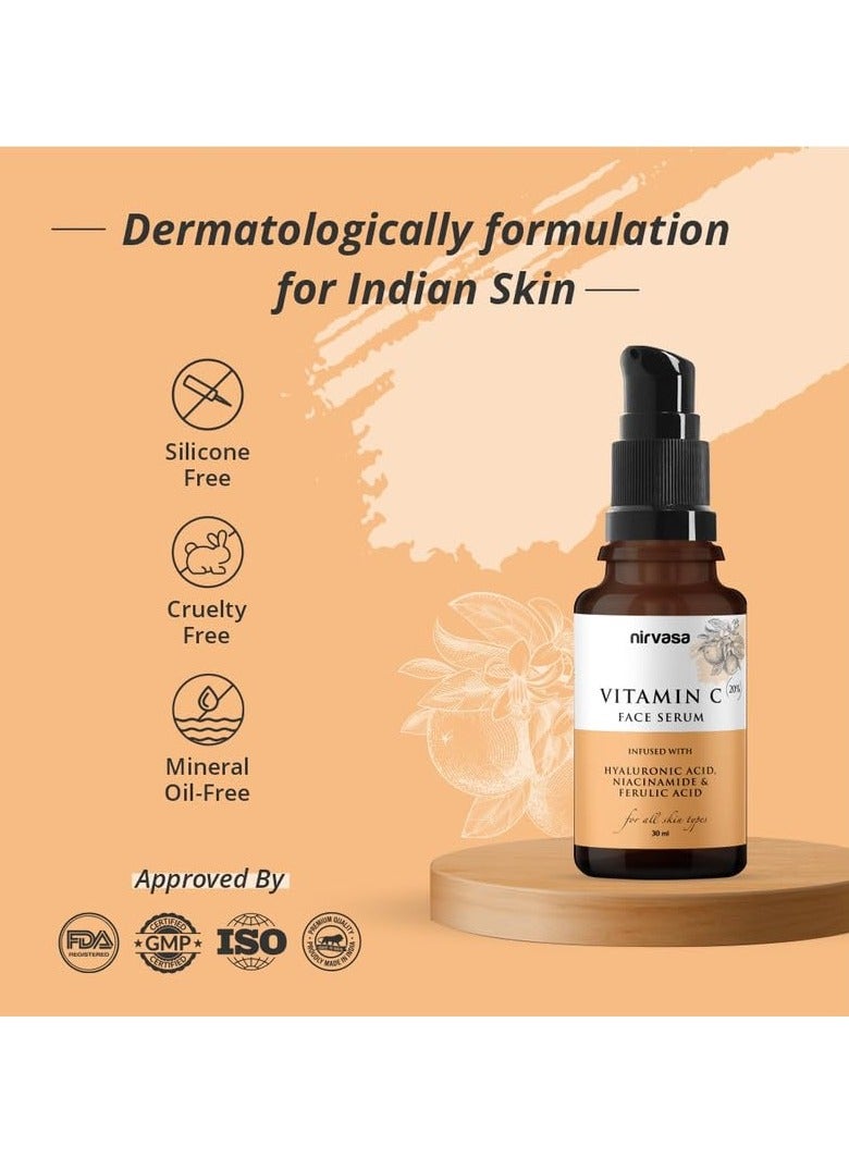 Nirvasa - Nirvasa 20% Vitamin C Serum for Face | Infused with Hyaluronic Acid, Niacinamide & Effective Ingredients for Men & Women | UV Protection, Non Irritating & Lightweight| 30ml (Vitamin C) - Image 1