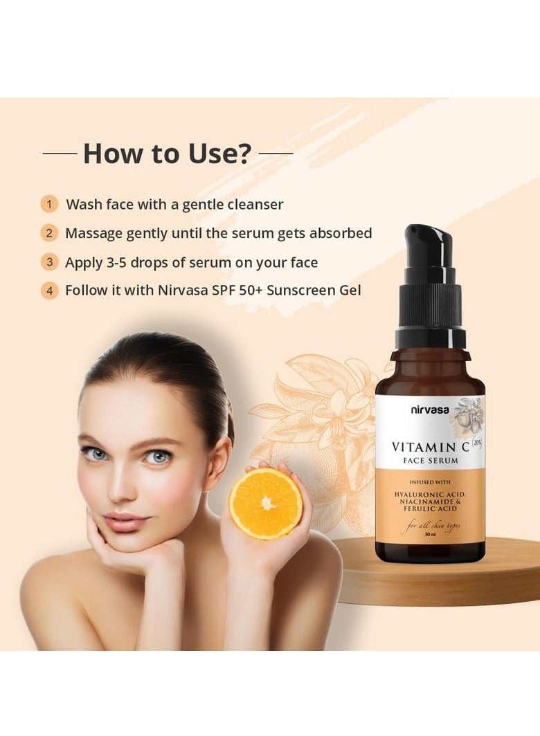 Nirvasa - Nirvasa 20% Vitamin C Serum for Face | Infused with Hyaluronic Acid, Niacinamide & Effective Ingredients for Men & Women | UV Protection, Non Irritating & Lightweight| 30ml (Vitamin C) - Image 1