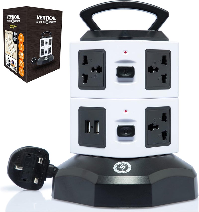 Smart Design Solutions Universal plug extension cord with usb surge protector multi way power extension socket outlet 2m power cable Electric extension cable adapter vertical tower extension lead power strip (2 Layers) - Image 1