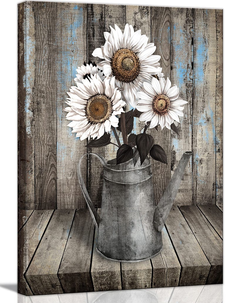 Framed Rustic Farmhouse White Sunflower Wall Art Decor for picture print Floral Vintage Wood Grain Canvas Artwork for Living Room Bedroom Bathroom Office Hotel Modern Home 16x24inch
