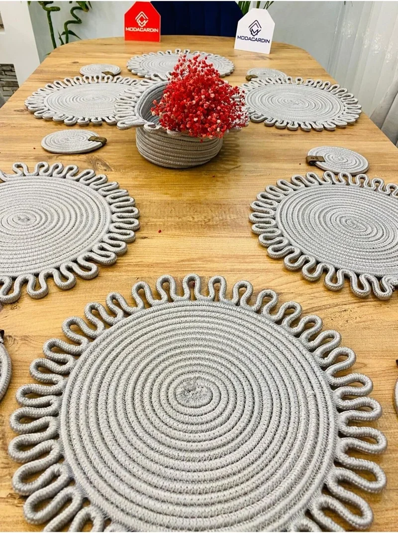 BDZ Deri BDZ Leather Jute Wicker American Service Plate Coaster and Basket 13 Pieces