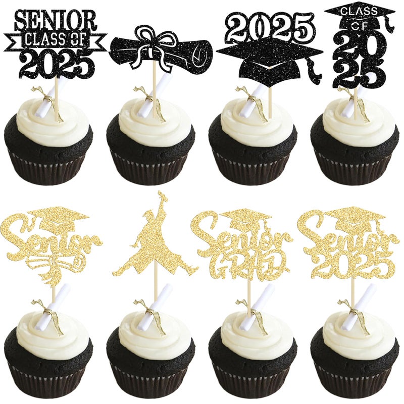 Ephlyn 24Pcs Graduation Cupcake Toppers Glitter Senior Class of 2025 Cake Toppers Diploma Grad Cap Cupcake Picks 2025 for Grade Graduation Party Supplies Gold Black - Image 1