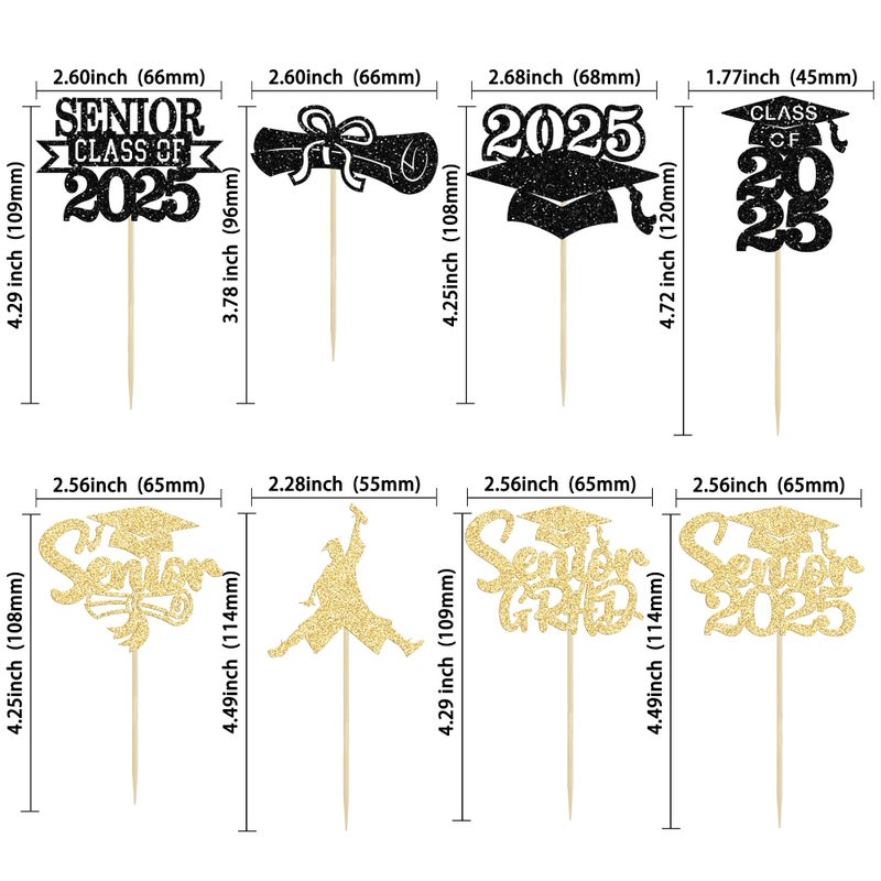Ephlyn 24Pcs Graduation Cupcake Toppers Glitter Senior Class of 2025 Cake Toppers Diploma Grad Cap Cupcake Picks 2025 for Grade Graduation Party Supplies Gold Black - Image 2
