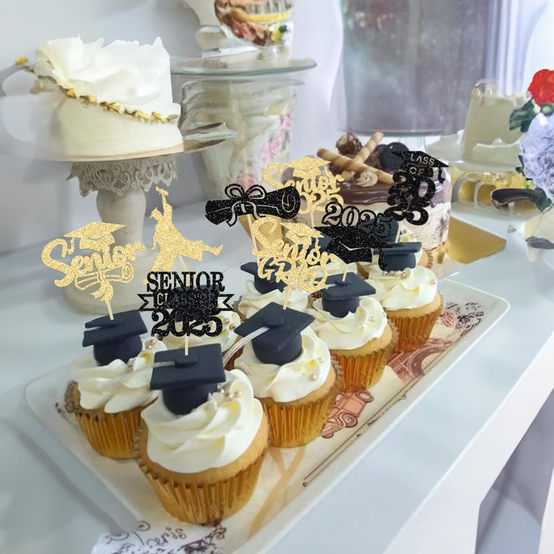 Ephlyn 24Pcs Graduation Cupcake Toppers Glitter Senior Class of 2025 Cake Toppers Diploma Grad Cap Cupcake Picks 2025 for Grade Graduation Party Supplies Gold Black - Image 5