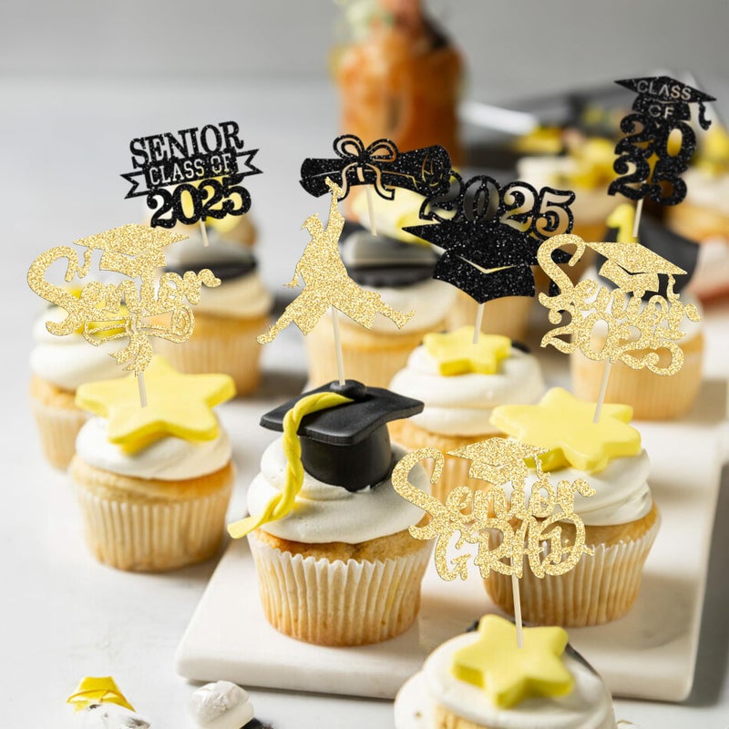 Ephlyn 24Pcs Graduation Cupcake Toppers Glitter Senior Class of 2025 Cake Toppers Diploma Grad Cap Cupcake Picks 2025 for Grade Graduation Party Supplies Gold Black - Image 4